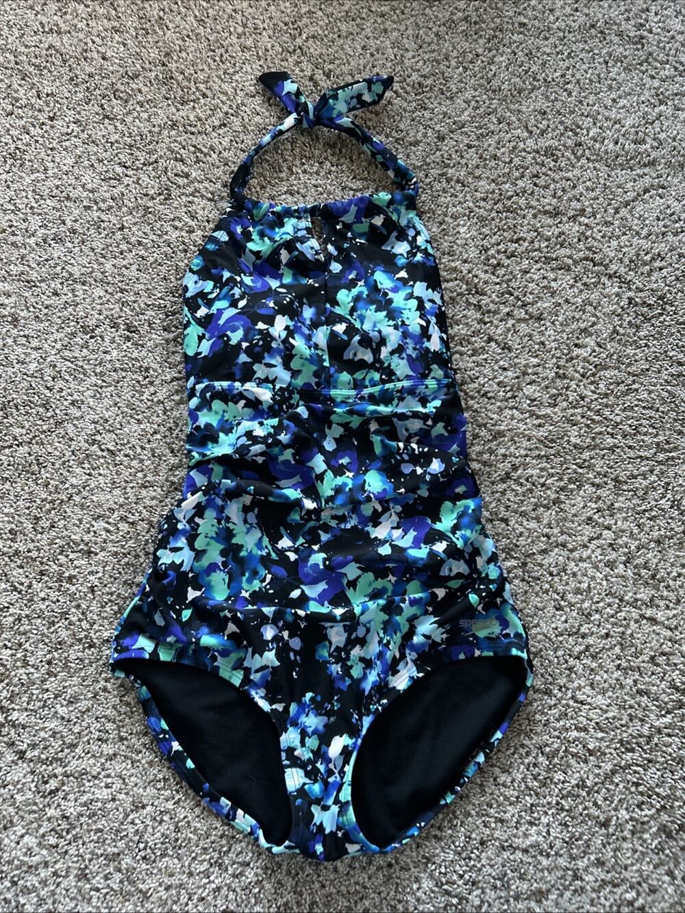 Speedo size M Swimsuit One-Piece High Halter Neck Key Hole Blue Black Green F26